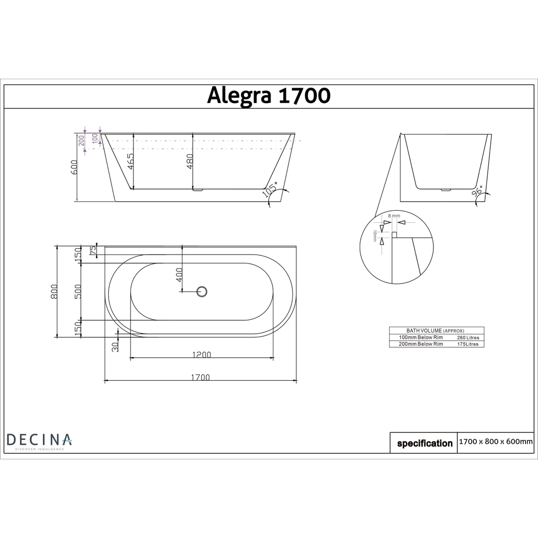 Decina Alegra Back To Wall Freestanding Bath Black 1700mm