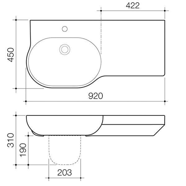 Caroma Opal 920 Wall Basin Right Hand White 1 Tap Hole