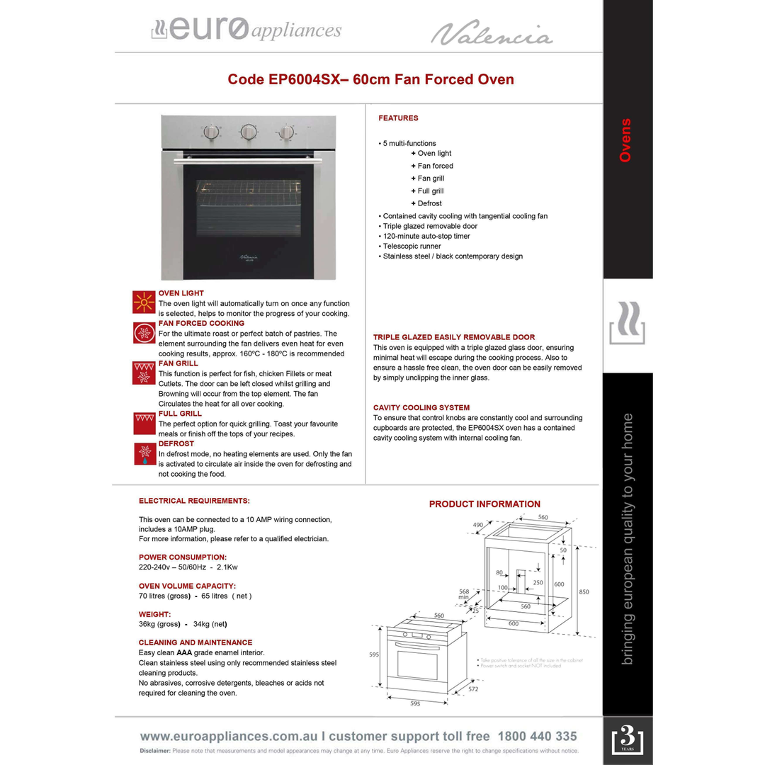 Euro Valencia 60Cm Elect F/F 4 Funct Oven S/Steel Ep6004Sx
