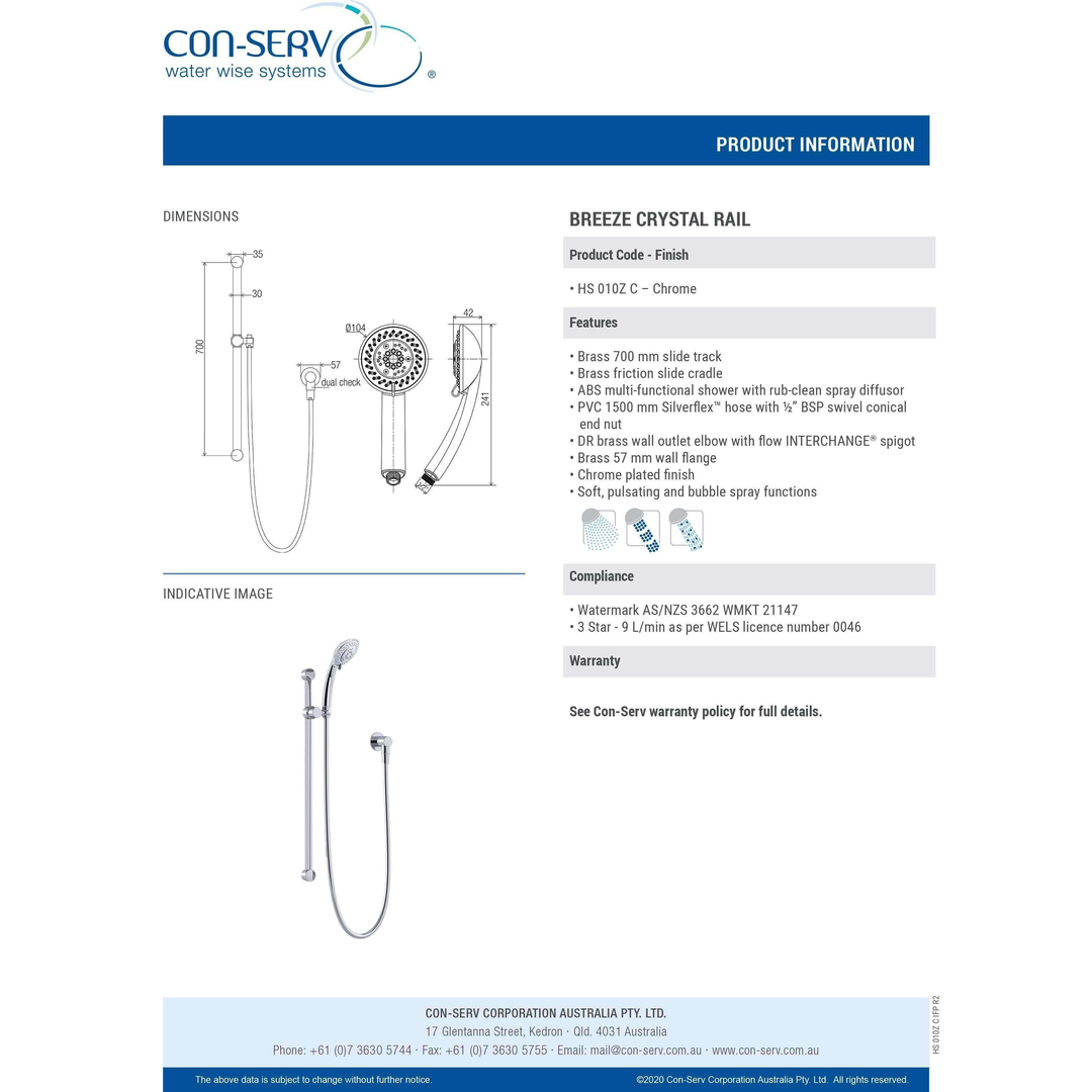 Con-Serv Breeze Pulsator Shower On Crystal Rail Chrome