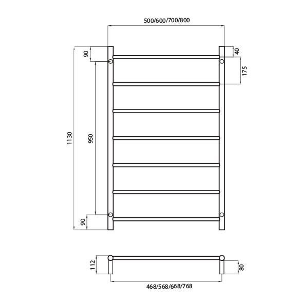 Radiant Round 7 Bar Non-Heated Rail 700mmx1130mm Brushed Stainless Steel