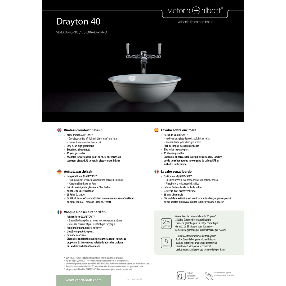 V+A Drayton Freestanding Bath Quarrycast White Feet 1685mm