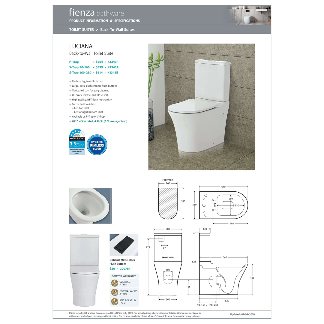 Fienza Luciana Btw S Trap 90 - 160 Toilet Suite K1343A