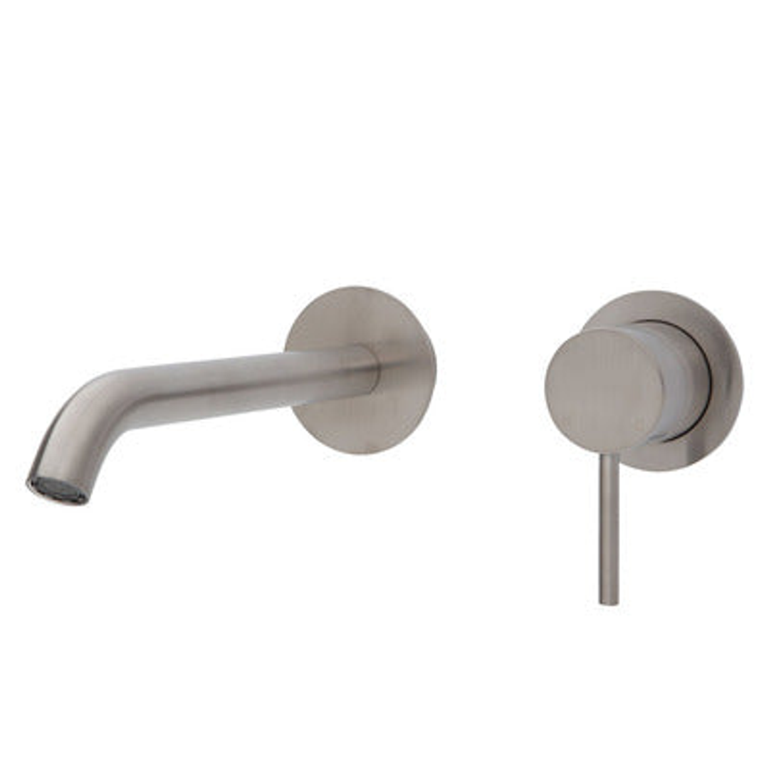 Fienza Kaya Basin/Bath Wall Mixer 200mm Outlet Set Brushed Nickel Round Bn Plates