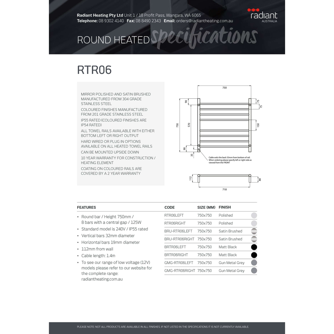 Radiant 8 Bar Round Heated Rail 750X750 Polished S/S Right Hand