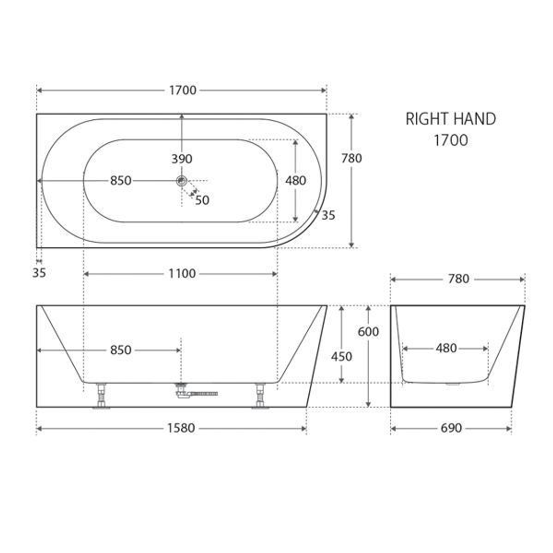 Fienza Isabella Acrylic Corner Bath Right Hand 1700mm