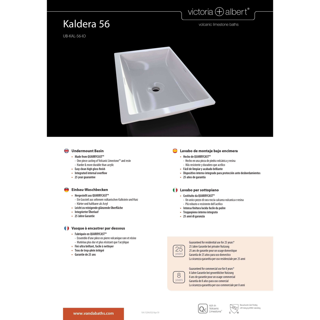 V+A Kaldera 56 Undercounter Basin With Internal Overflow Quarrycast White
