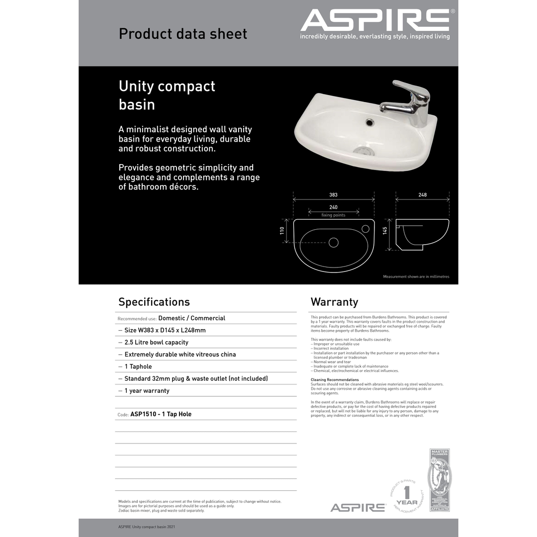 Aspire Unity Compact Wall Hung Basin 383X248 1 Tap Hole Rhs White **Sbc-