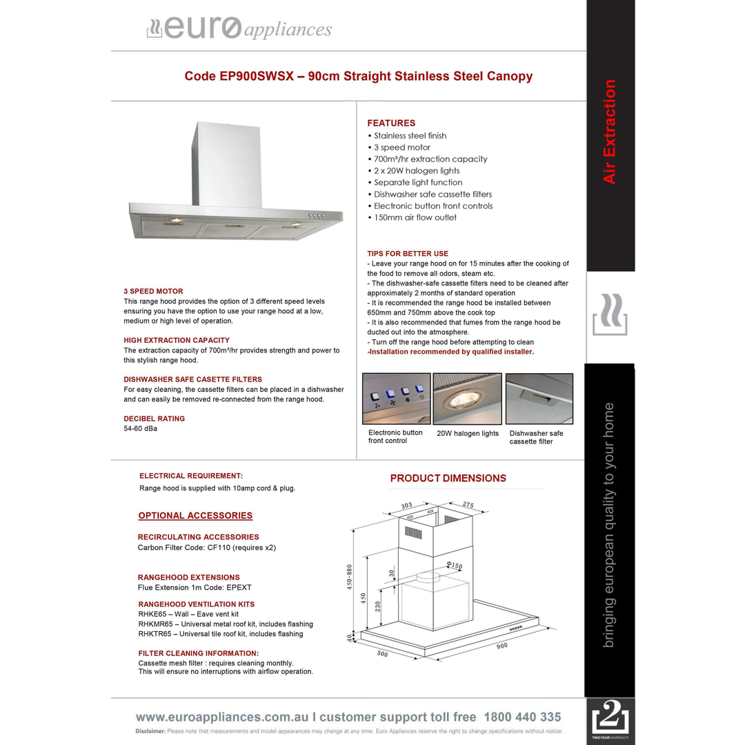 Euro 90Cm Canopy Rangehood S/Steel Ep900Swsx