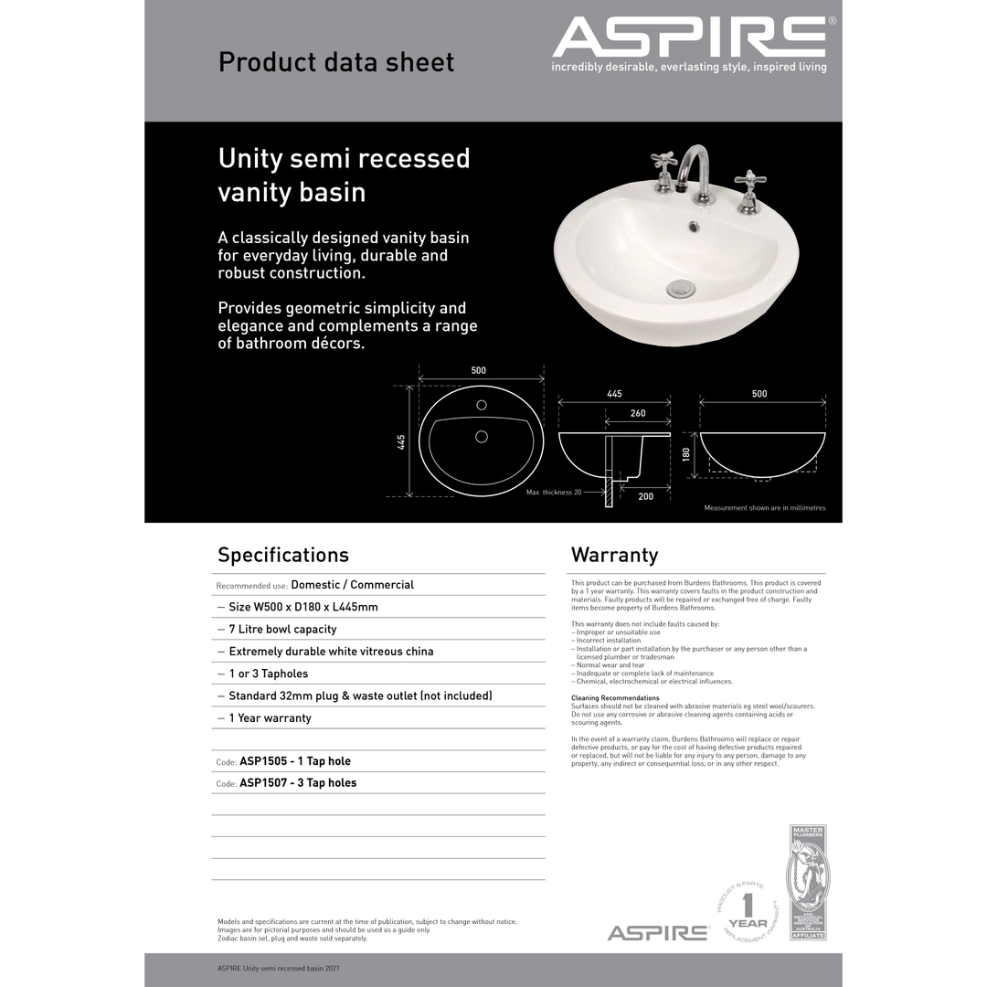 Aspire Unity Semi-Recess Round Basin 500X445 3 Tap Hole White