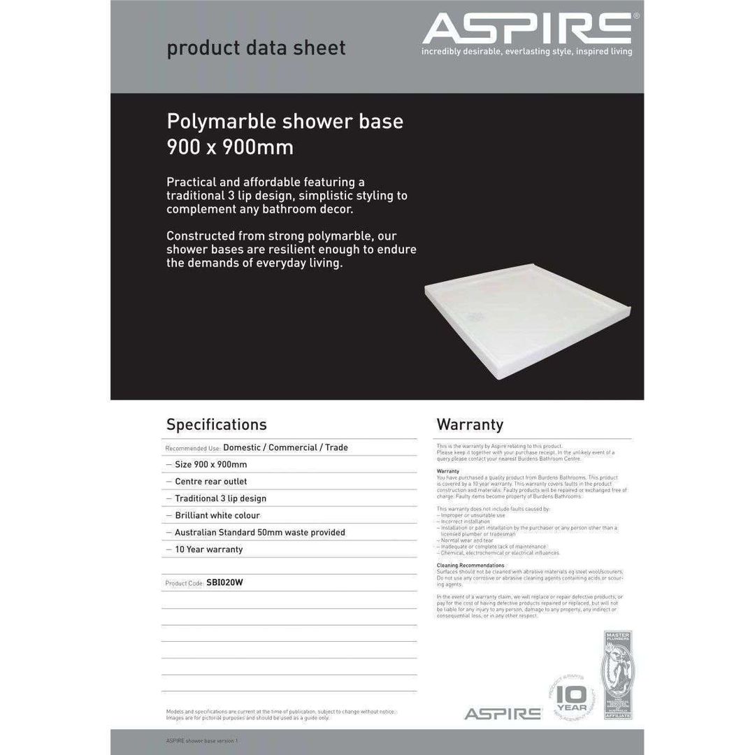 Aspire Shower Base 900 X 900 Poly Centre R/Outlet White