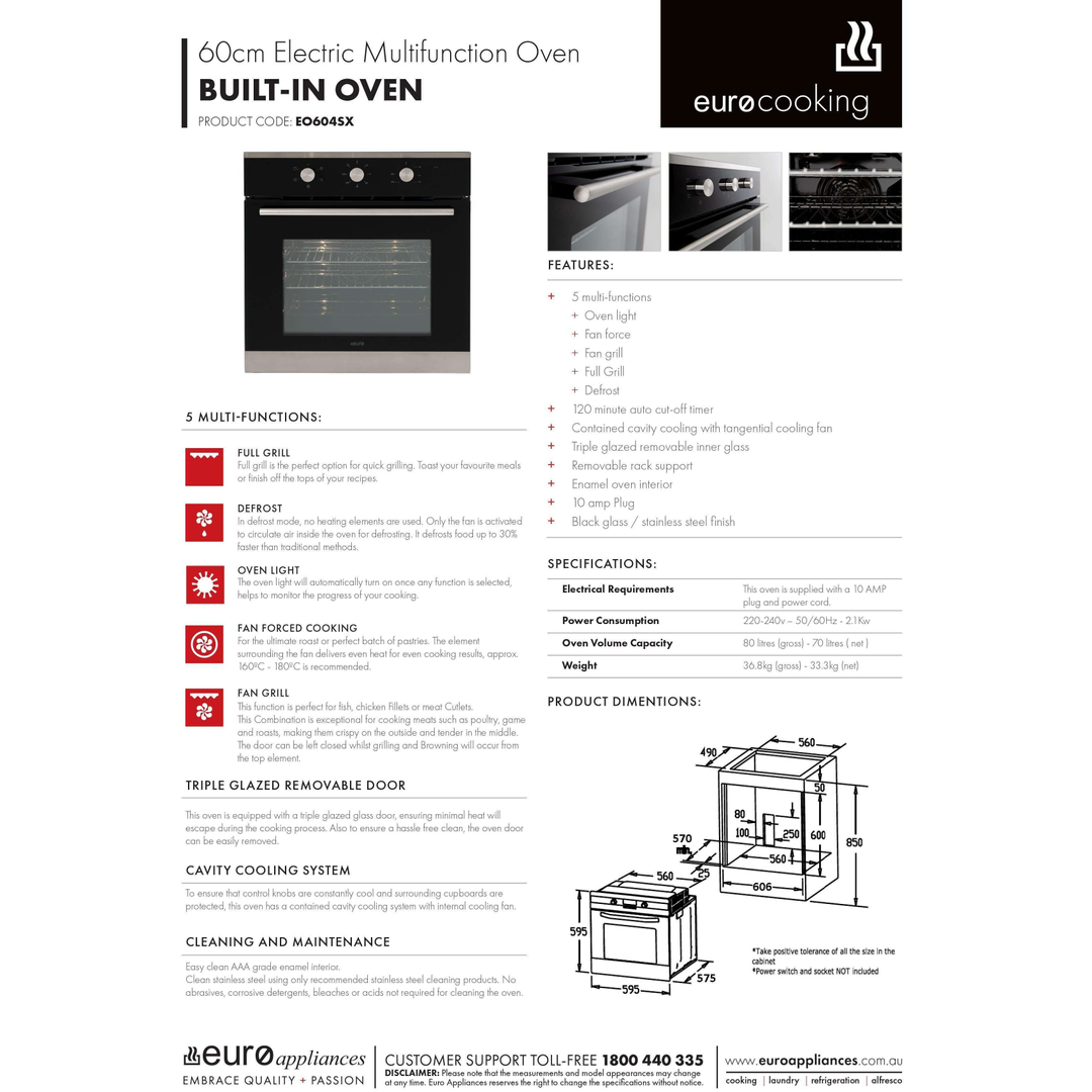 Euro 60Cm Fan Forced 4 Function Oven 120 Minute Timer 10 Amp Plug In