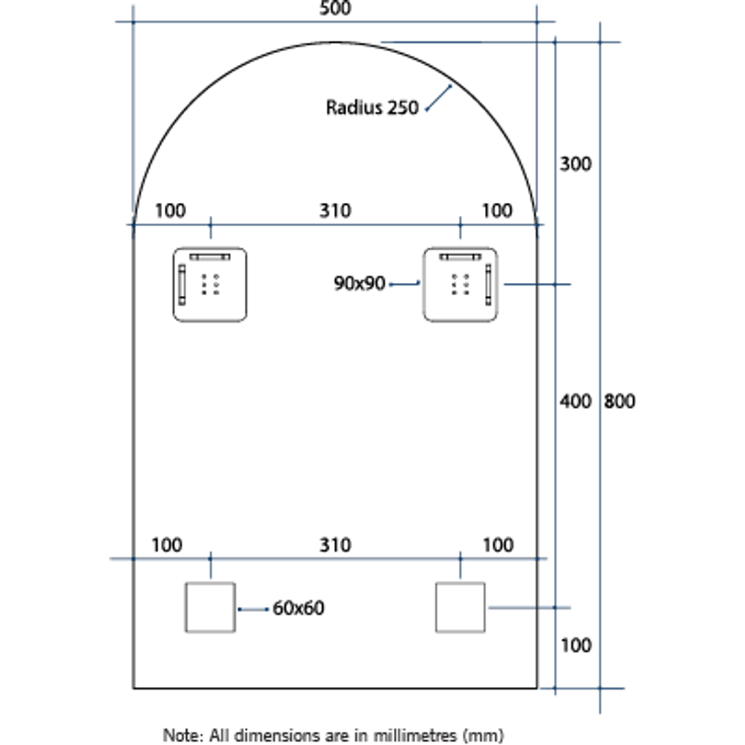 Thermogroup Aspen Polished Edge Arch Mirror 500x800mm - Hangers and Demister