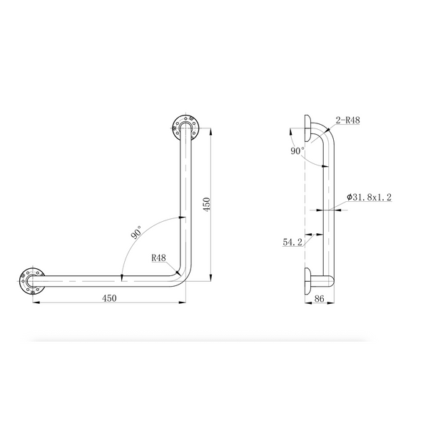 Linsol Amore Grab Rail 90 Degree 450 X 450Mm Left Or Right Hand Brushed Nickel