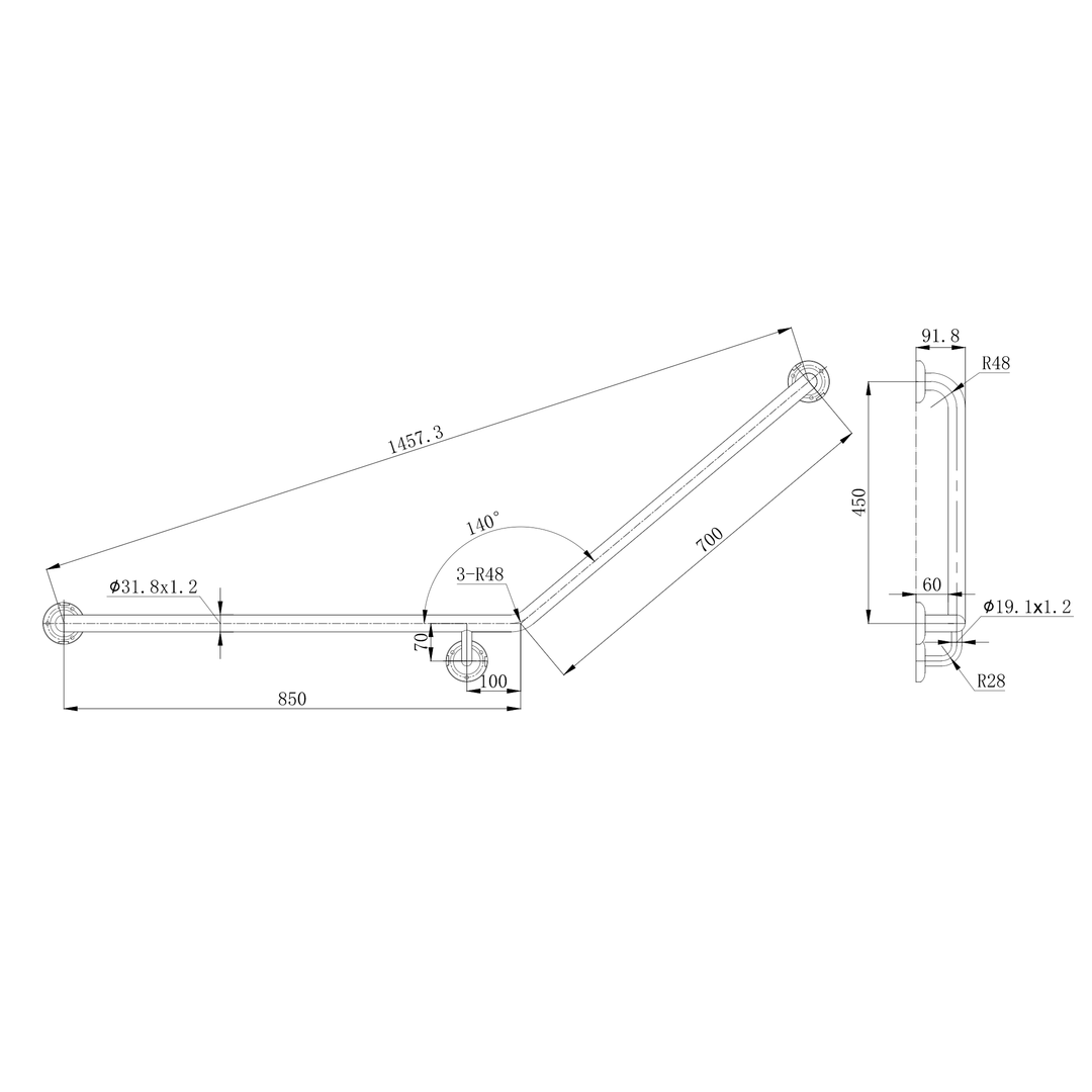 Linsol Amore Grab Rail 140 Degree 850 X 700Mm Right Hand Angle Brushed Nickel