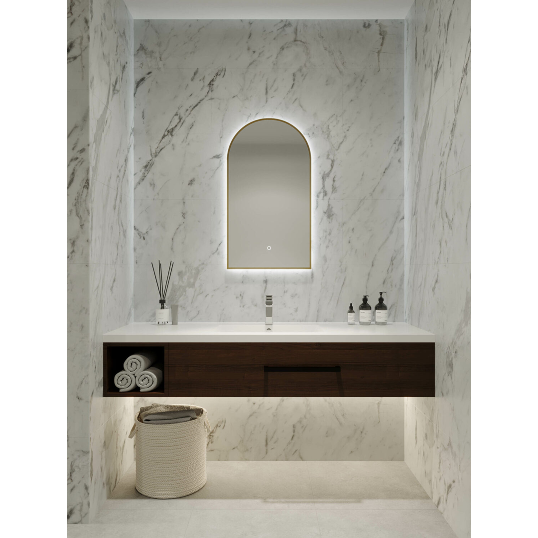 Remer A-Series Arch Backlit Mirror With Demister Baltic Brass Frame