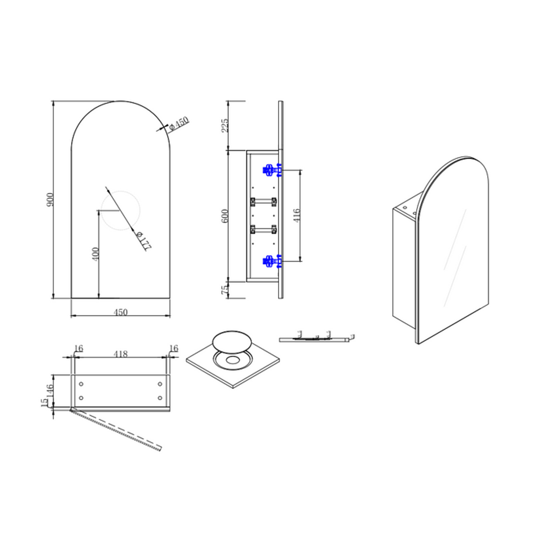 Cassa Design Archied Shaving Cabinet 450X900X150mm R/H Hinge Matte Black