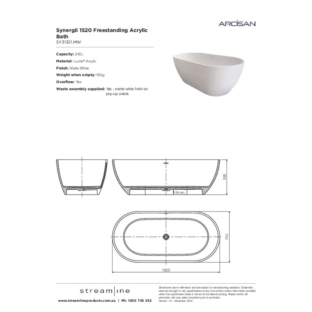 Streamline Synergii F/Standing Bath Acrylic Matte White 1500mm