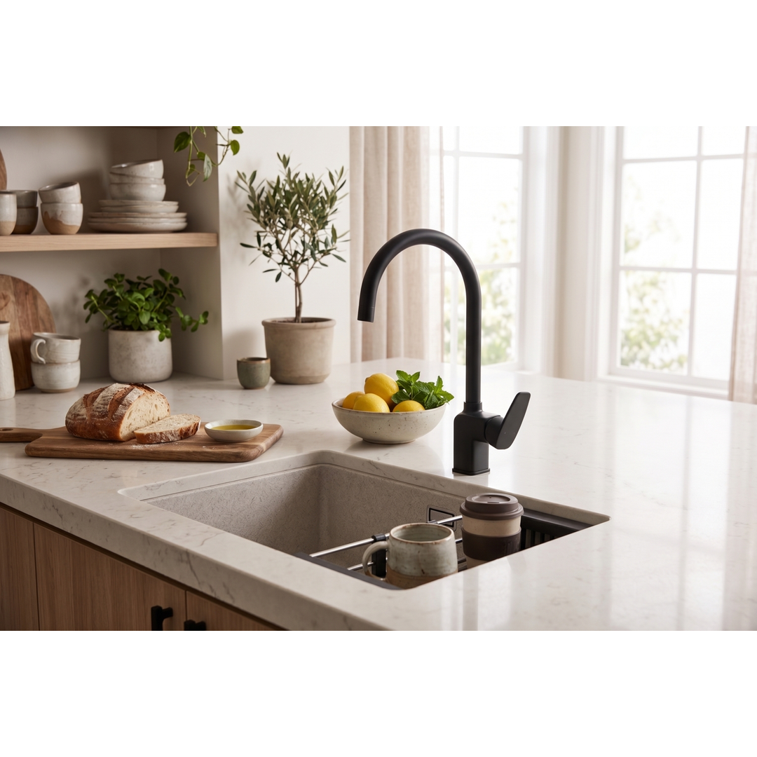 Aspire Midnight Gooseneck Sink Mixer Swivel Matte Black