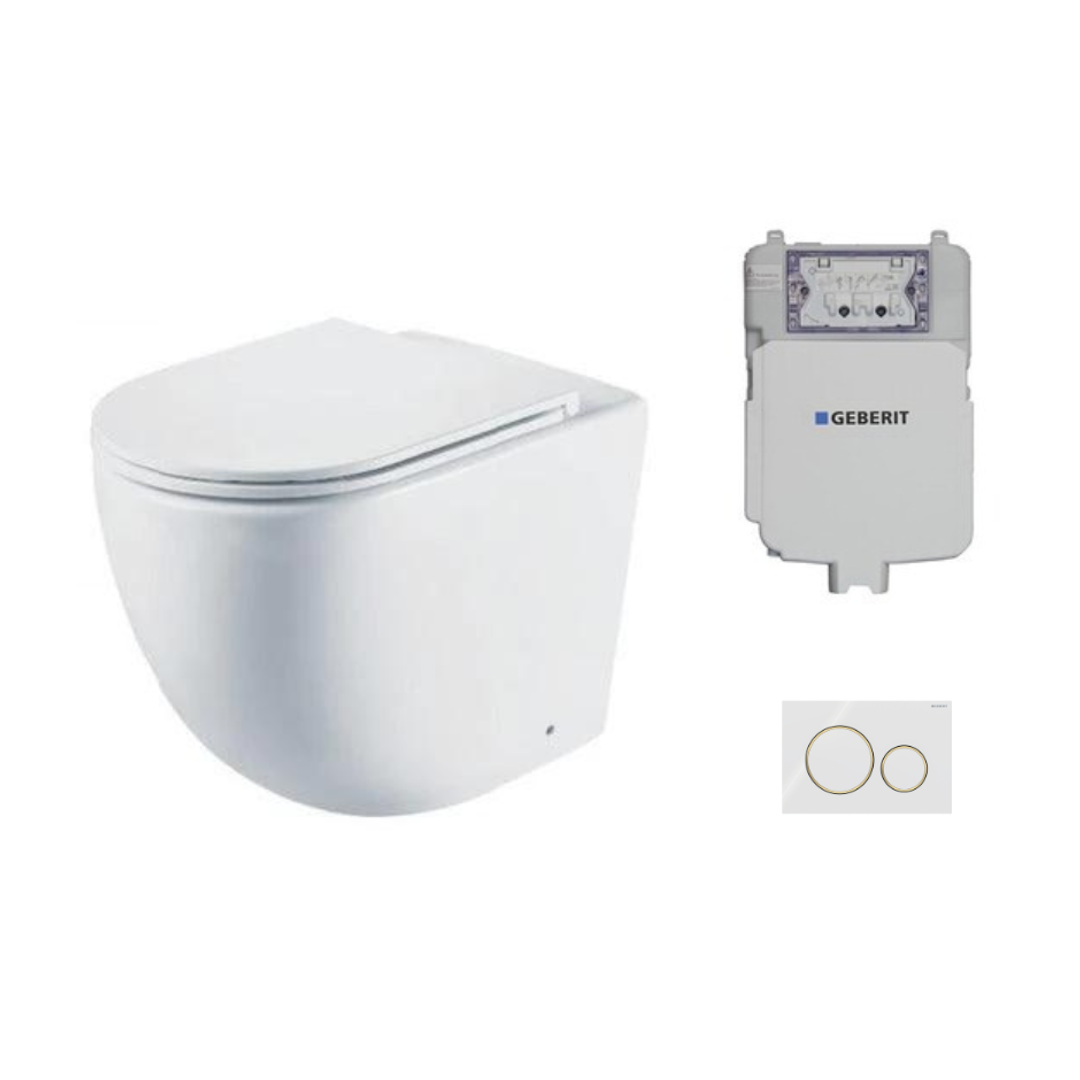 Aspire Urban II Wf Inwall Suite Round White & Gold Button Cistern Seat & Pan