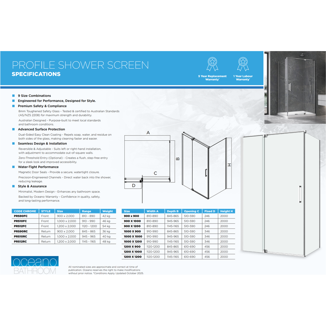Oceano Profile Shower Screen Chrome Return Panel 1145-1165Mm With Easy Clean Coating