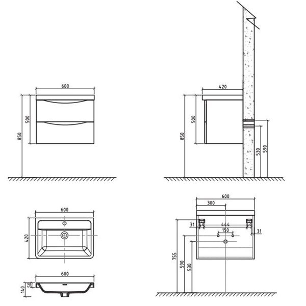Belbagno Ancona 600mm Wall Hung Vanity Silver Oak 600 X 420 X 450