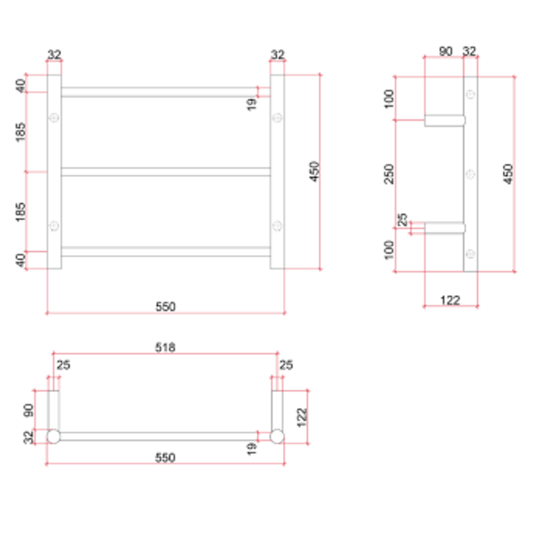 Thermorail Straight Round Polished Budget Ladder - 550x450x122mm 33Watts 3 Bars