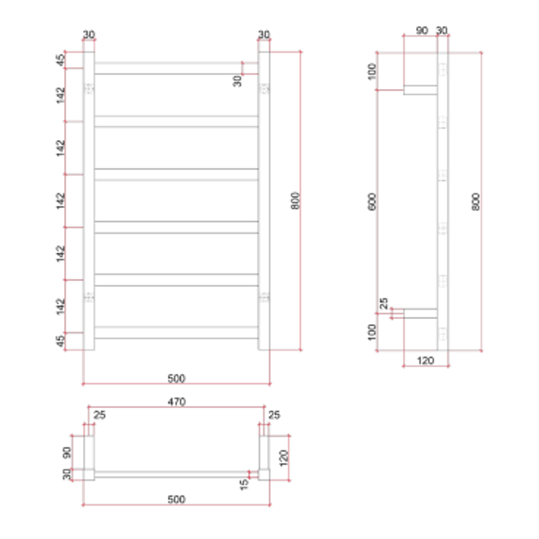 Thermorail Straight/Square - 500x800x120mm 81Watts 6 Bars