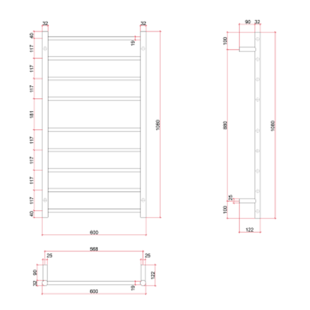 Thermorail Straight Round Polished Budget Ladder - 600x1080x122mm 103Watts 9 Bars