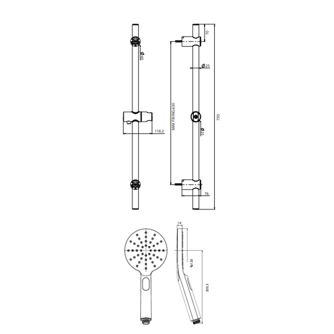 Collis Bakara 3F Round Hand Shower On Retro Fit Rail Brushed Nickel H12013Bn + Rr2