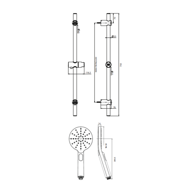 Collis Bakara 3F Round Hand Shower On Retro Fit Rail Brushed Nickel H12013Bn + Rr2