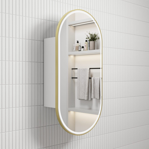 Aulic Beau Monde Led Shaving Cabinet Matte White And Brushed Gold Frame