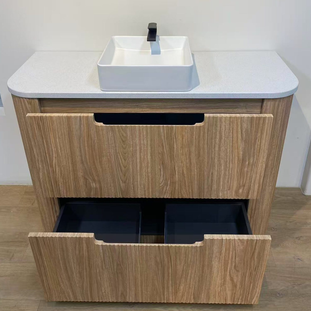Aulic Varcelli Floor Standing Harvest Oak Fluted Curved Cabinet 750X460X880mm With Alpine Flat Stone Top