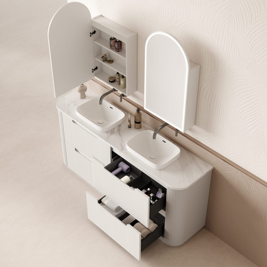 Aulic Curva Floor Standing Sgl Matt White Fluted Curvd Cabinet 1500X460X880mm & Palis White Flat Stone Top