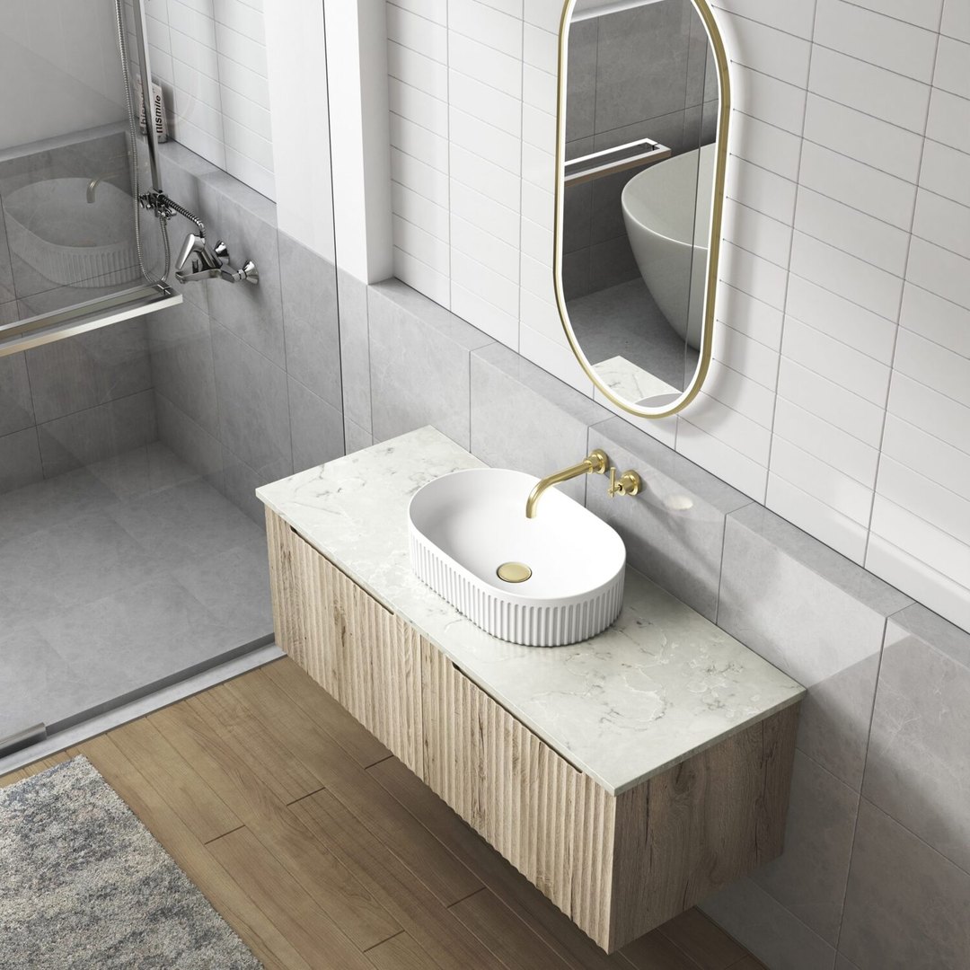 Aulic Calder W/H Wave Groove F/Pull Cabinet 1200 With Snow Top With Undermount Basin