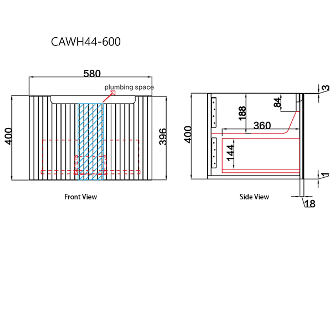 Aulic Calder Wall Hung Wave Groove F/Pull Cabinet 600 With Snow Top With Undermount Basin