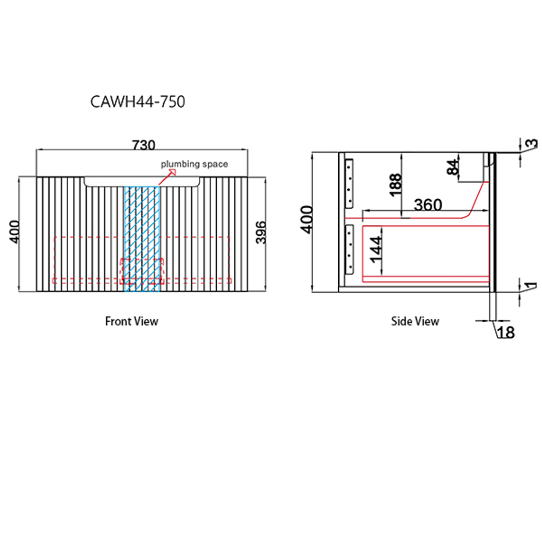 Aulic Calder Wall Hung Wave Groove F/Pull Cabinet 750 With Snow Top With Undermount Basin