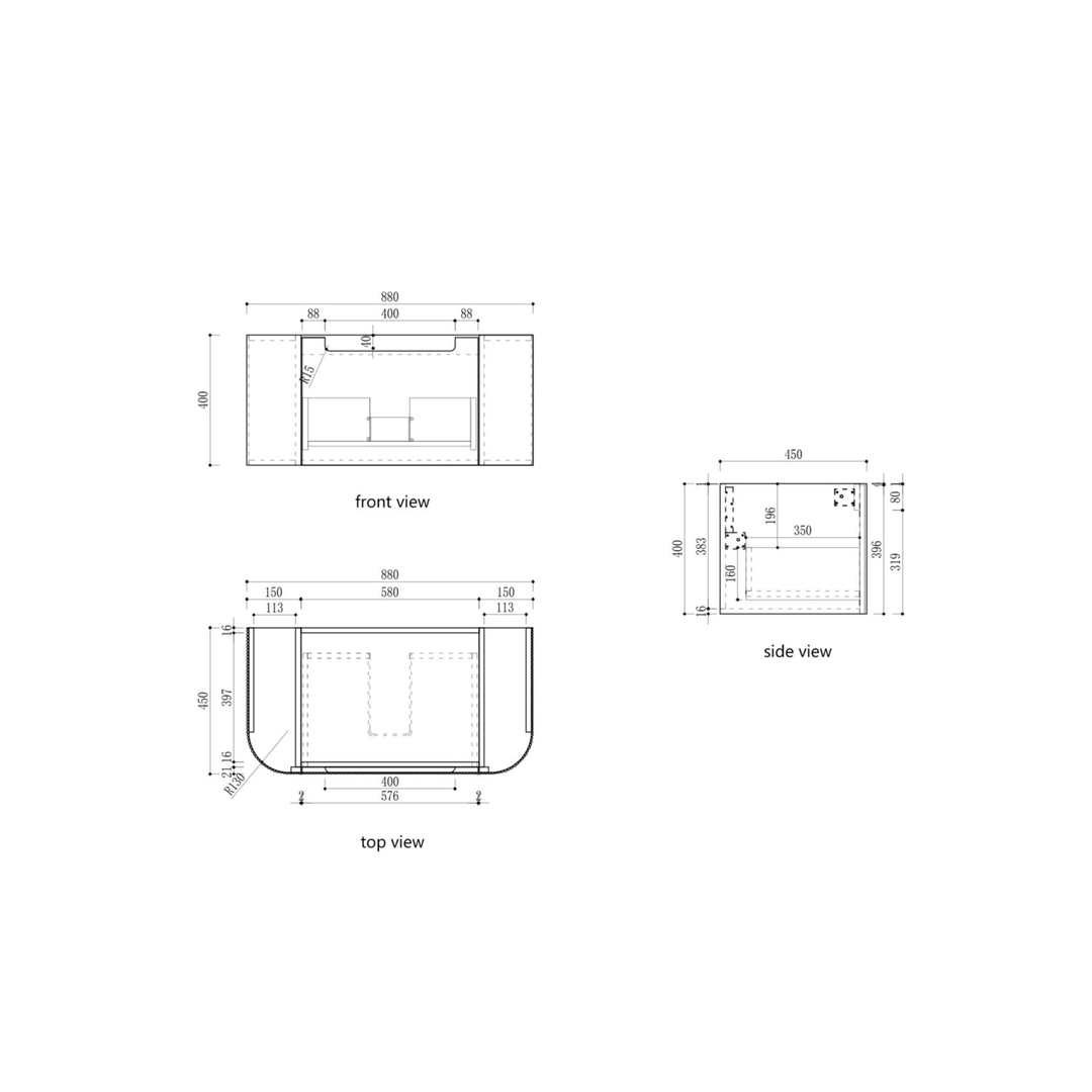 Aulic Varcelli Mono Wall Hung 900mm Harvest Oak Fluted Curved Cabinet 880X450X400mm