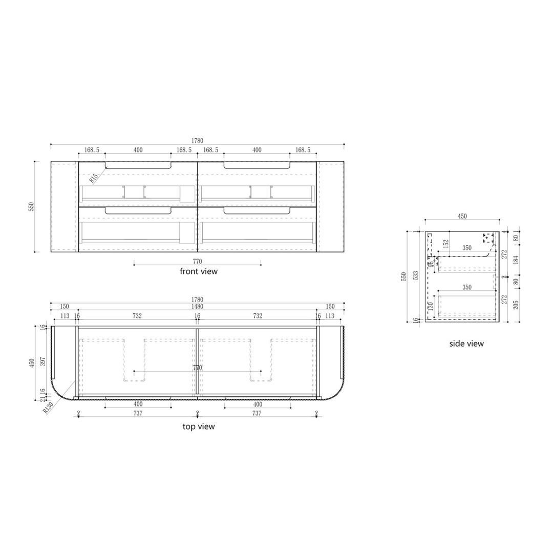 Aulic Varcelli Tier Wall Hung H/Oak Fluted Curved Cabinet 1800X460X425mm & Palis White Flat Stone Top