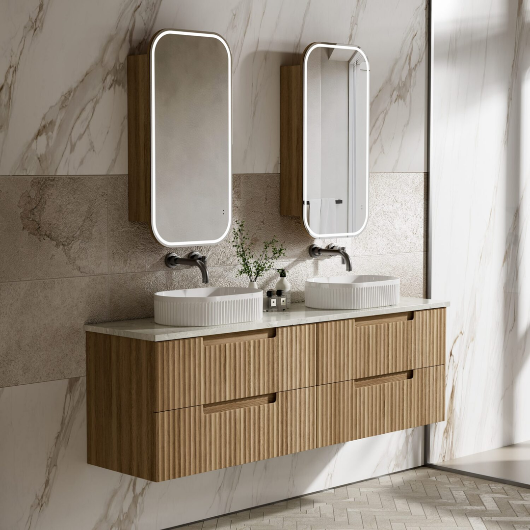 Aulic Lovina Tier Wall Hung Single Harvest Oak Fluted Cabinet 1500X460X425mm & Alpine Flat Stone Top
