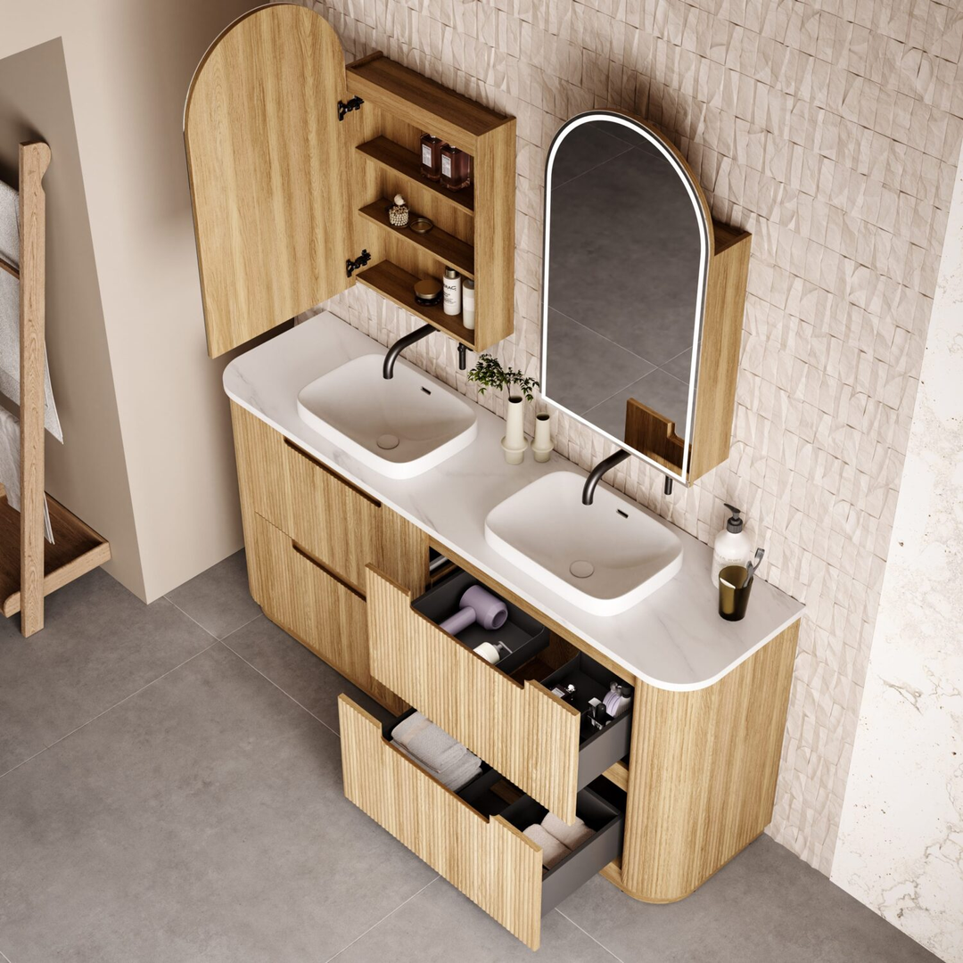 Aulic Varcelli Floor Standing Dbl Harvest Oak Fluted Curved Cabinet 1800X460X880mm & Cato Flat Stone Top