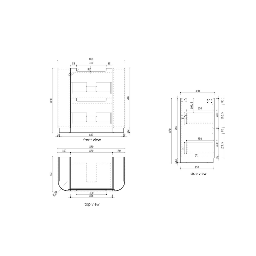 Aulic Varcelli Floor Standing Harvest Oak Fluted Curved Cabinet 900X460X880mm & Palis White Flat Stone Top