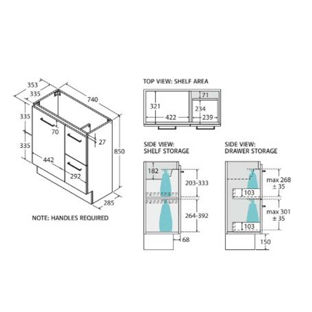 Fienza Carmen 750 Ensuite Floor Standing Vanity 1D/2Dr Cabinet Only