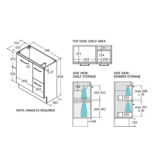 Fienza Carmen 750 Ensuite Floor Standing Vanity 1D/2Dr Cabinet Only