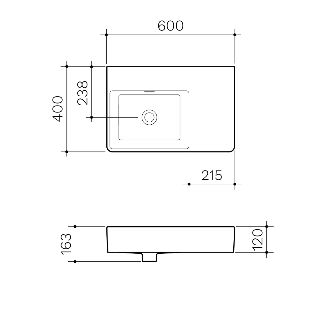 Clark Square Wall Basin Right Hand Shelf 600mm No Tapholes