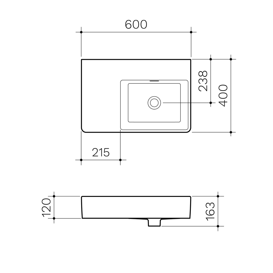Clark Square Wall Basin Left Hand Shelf 600mm No Tapholes
