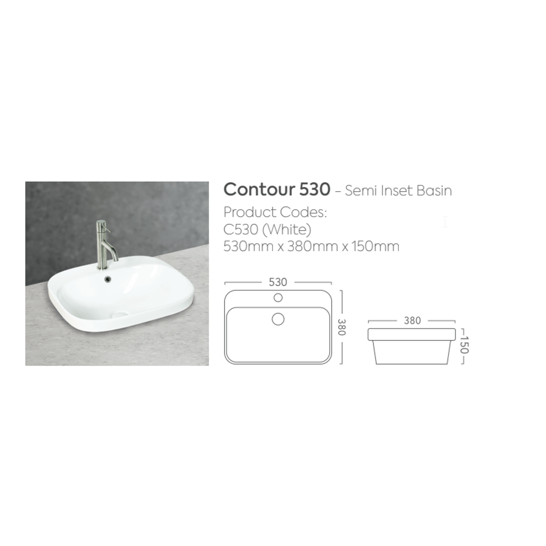 Rf Contour Semi Inset Basin 530Mm X 360Mm X 150 Mm 1 Tap Hole White C530