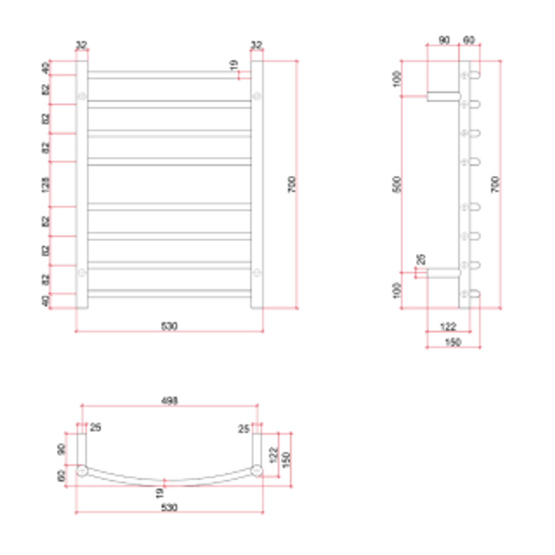 Thermorail Curved Round Polished Ladder - 530x700x150mm 78Watts 8 Bars