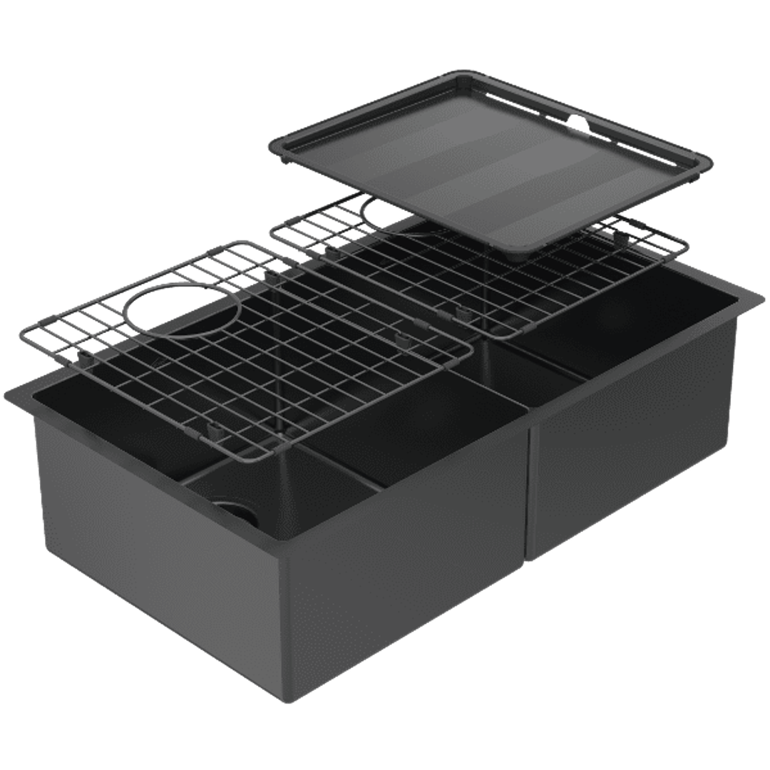 Abey Piazza Doublel Bowl Sink 758Mm X 445Mm And Acc Black Pearl Cr340Db
