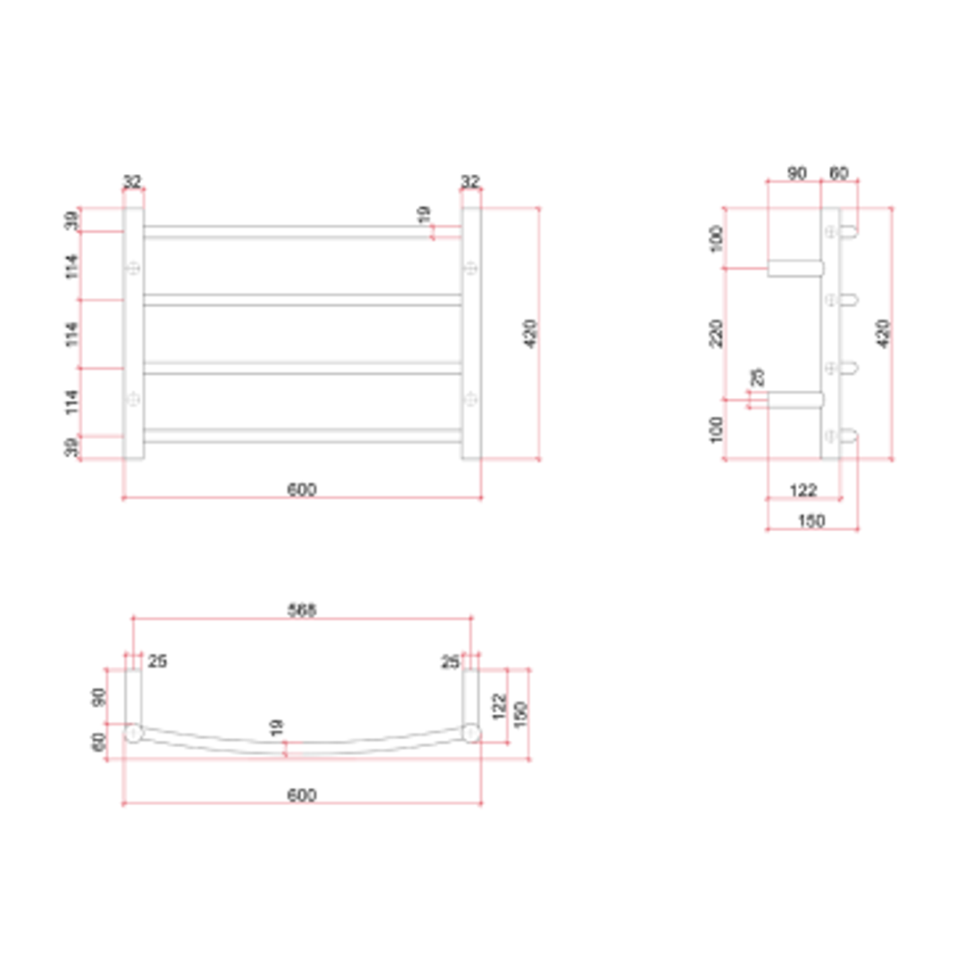Thermorail Curved Round Polished Ladder - 600x420x150mm 45Watts 4 Bars